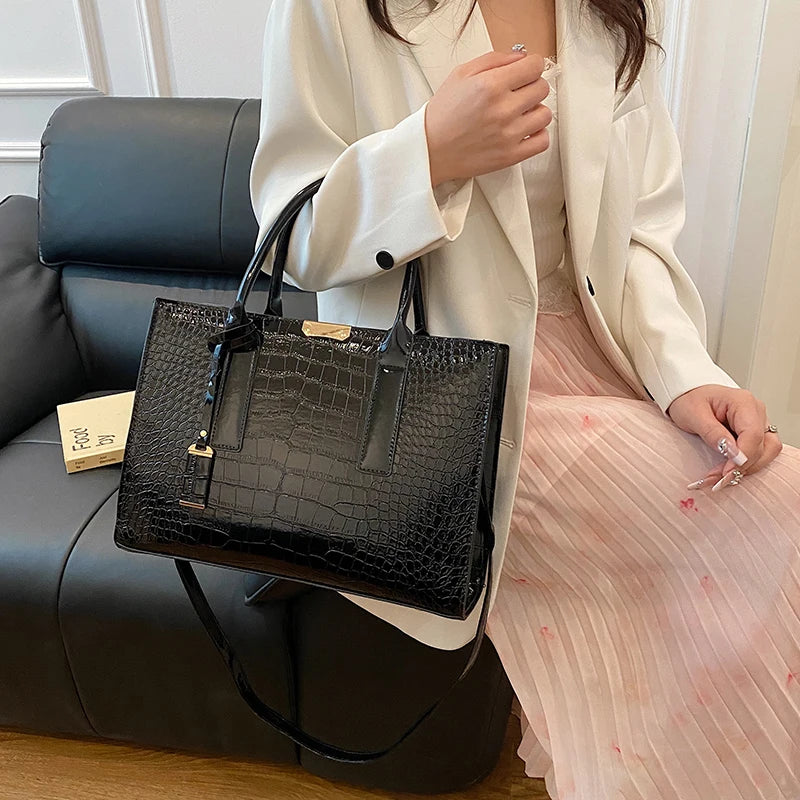 Luxury Glossy Croc-Embossed Red Tote & Shoulder Bag for Women