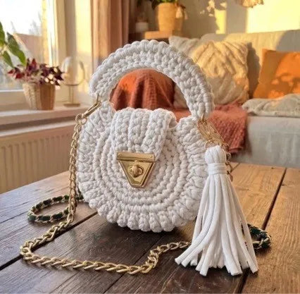 Aura Bags Boho Chic Handmade Crochet Round Crossbody Bag with Tassel and Chain