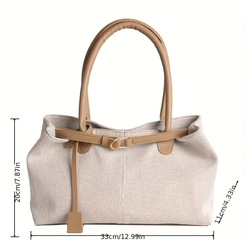 Aura Bags Casual Canvas Tote Bag with Contrast PU Leather Handles and Belt Accent