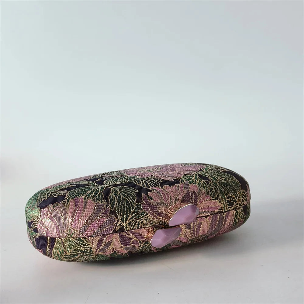 Elegant Floral Embroidered Hard Case Evening Clutch with Beaded Handle