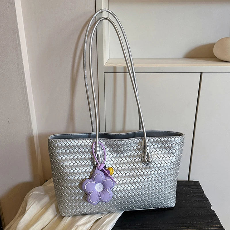 Elegant Woven Leather Tote Bag with Cute Flower Pendant and Long Shoulder Straps