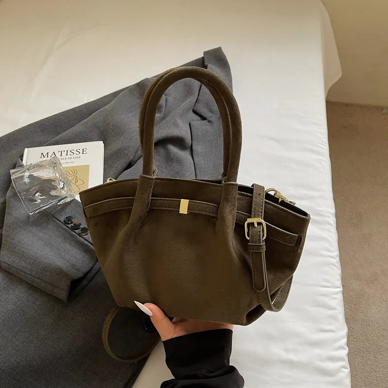 Trendy Olive Green Suede Mini Tote Bag | Stylish Faux Suede Crossbody Shoulder Bag