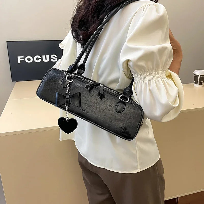 Retro Long East-West Shoulder Bag | Aesthetic Korean Style Shoulder Purse