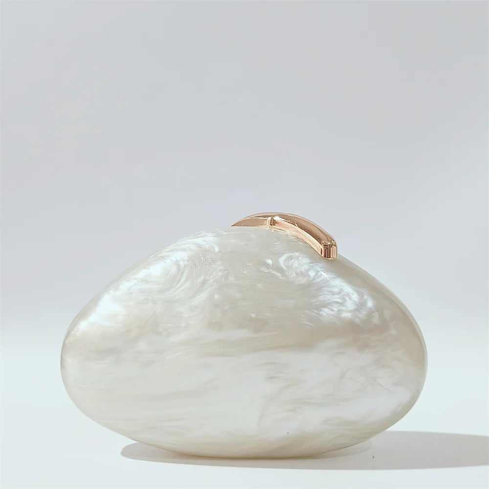 Luxury White Marble Evening Clutch and Handbag with Beaded Strap