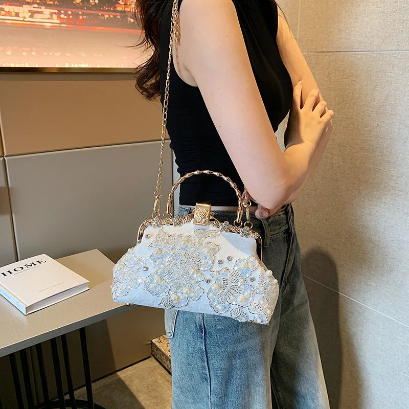 Elegant White Pearl Lace Evening Clutch Bag | Luxury Bridal Purse with Gold Handle
