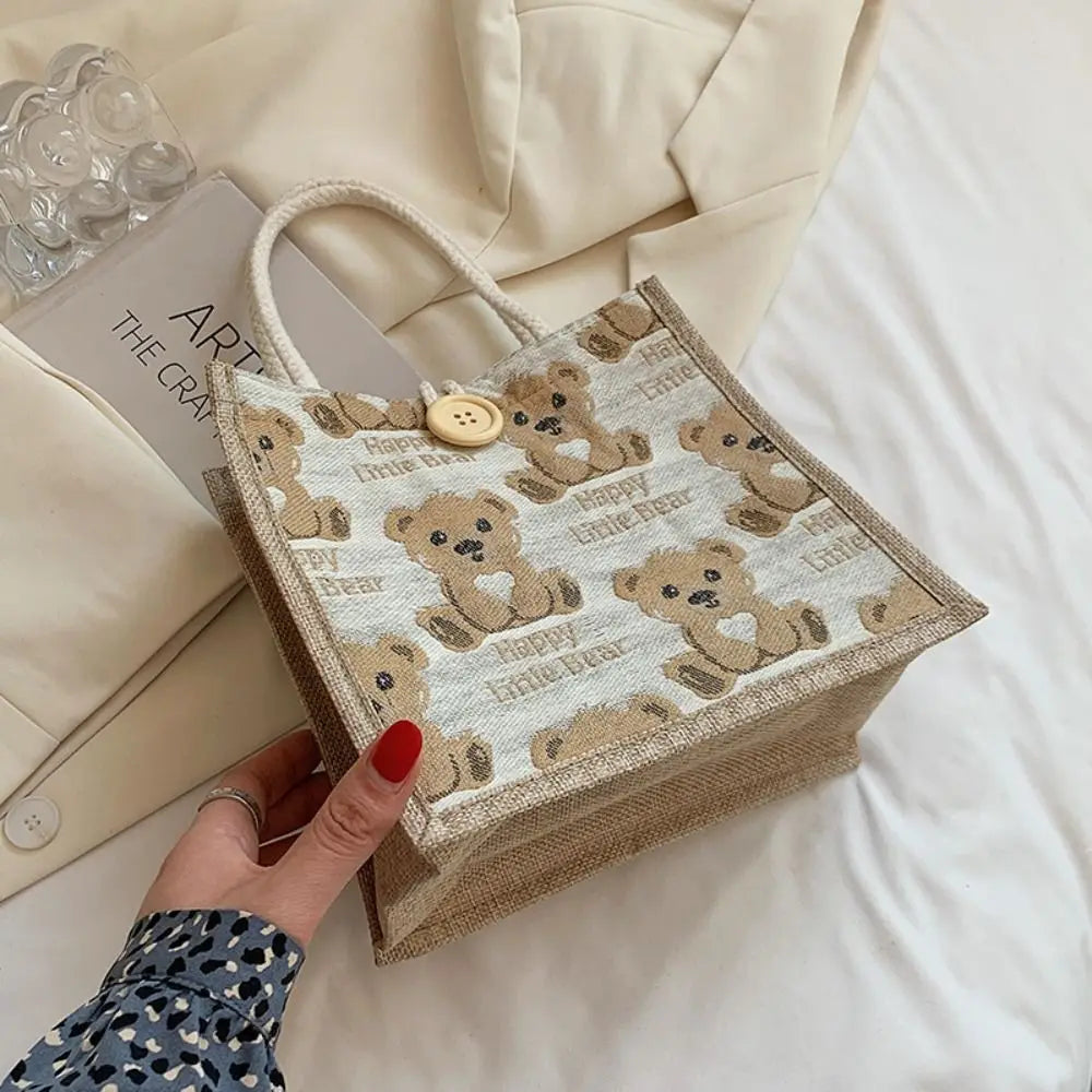 Adorable "Happy Little Bear" Print Jute and Canvas Tote Bag Featuring Soft Rope Handles and Cute Wooden Button Closure for Women and Girls