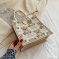 Adorable "Happy Little Bear" Print Jute and Canvas Tote Bag Featuring Soft Rope Handles and Cute Wooden Button Closure for Women and Girls