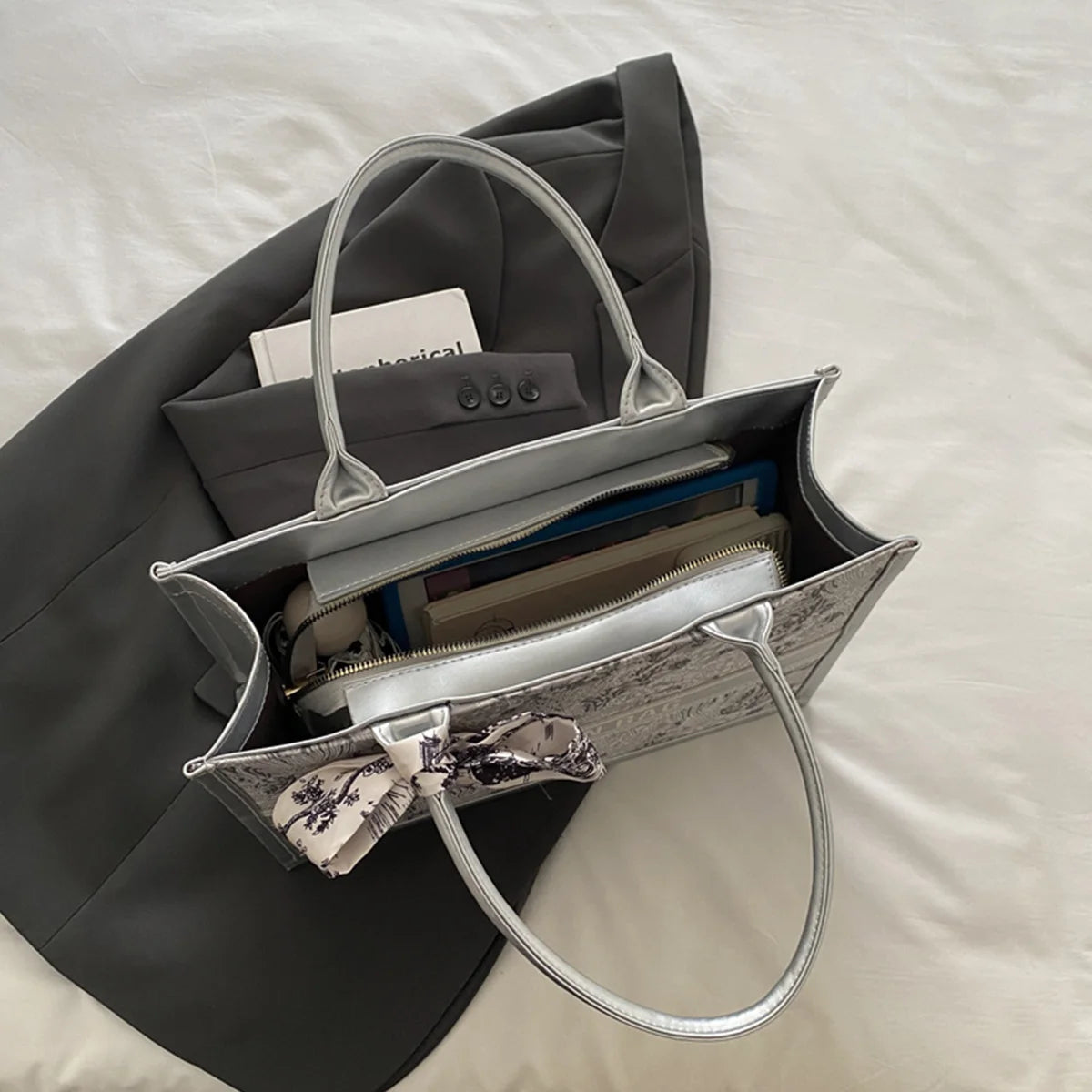 Luxury Designer-Style Large Capacity Tote Bag with Silk Ribbon Accent