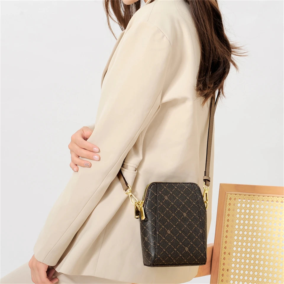 Classic Monogram Pattern Vertical Crossbody Bag with Contrast Brown Strap - Casual Daily Shoulder Handbag