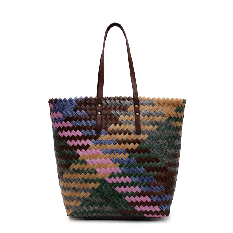 Boho Multi-Color Woven Tote Bag with Faux Leather Straps - Casual Aesthetic Large Handbag