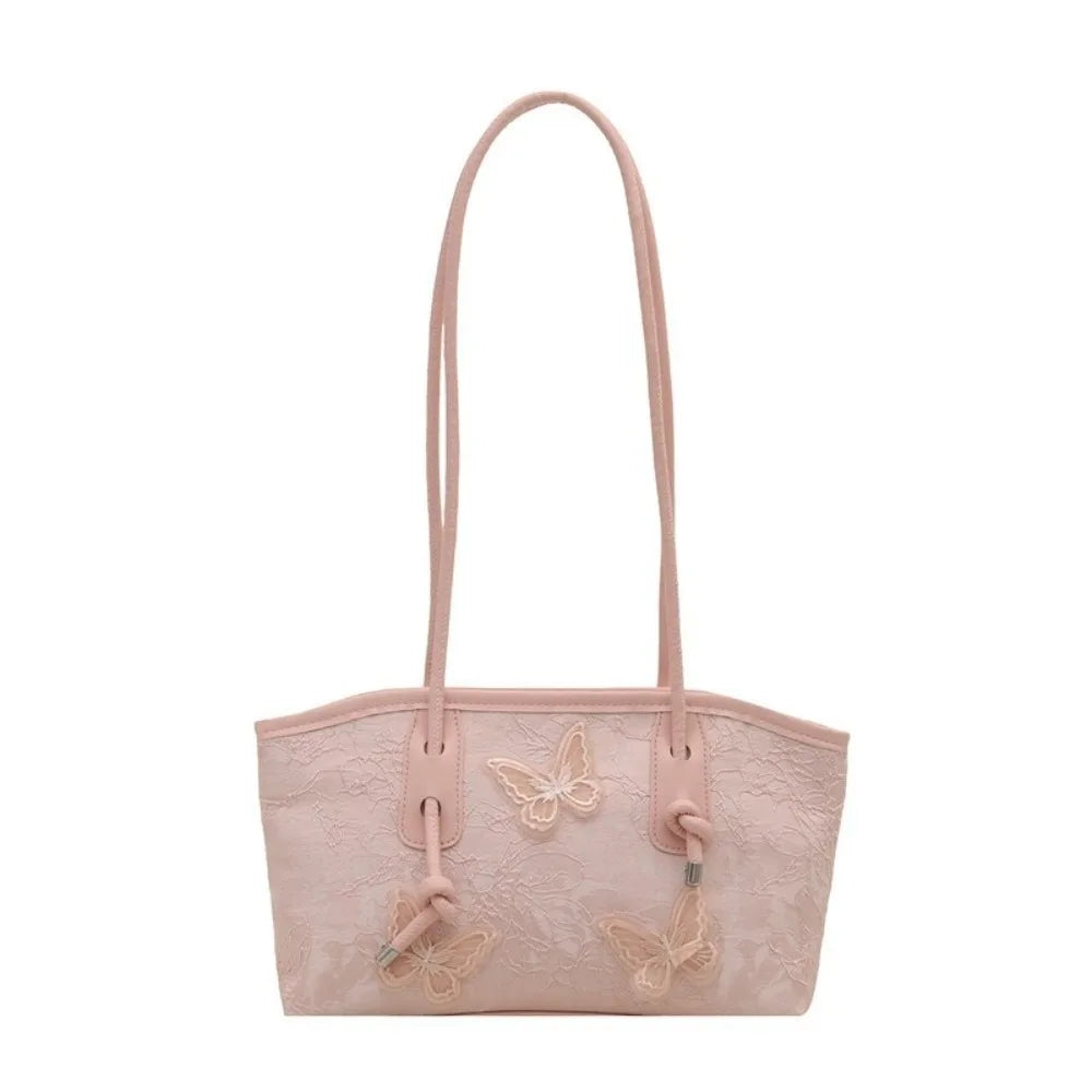 Elegant White Lace & Embroidery Butterfly Tote Bag – Chic Women's Handbag with Knot Straps