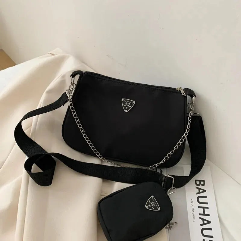 Trendy Black Nylon Crossbody Shoulder Bag with Detachable Chain & Small Coin Pouch