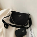 Trendy Black Nylon Crossbody Shoulder Bag with Detachable Chain & Small Coin Pouch
