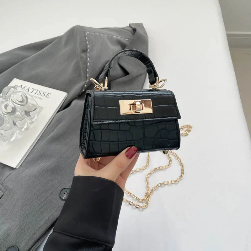 Premium Mini Crocodile Pattern Crossbody Bag for Women – Trendy Micro Handbag with Chain Strap & Gold Lock Accent