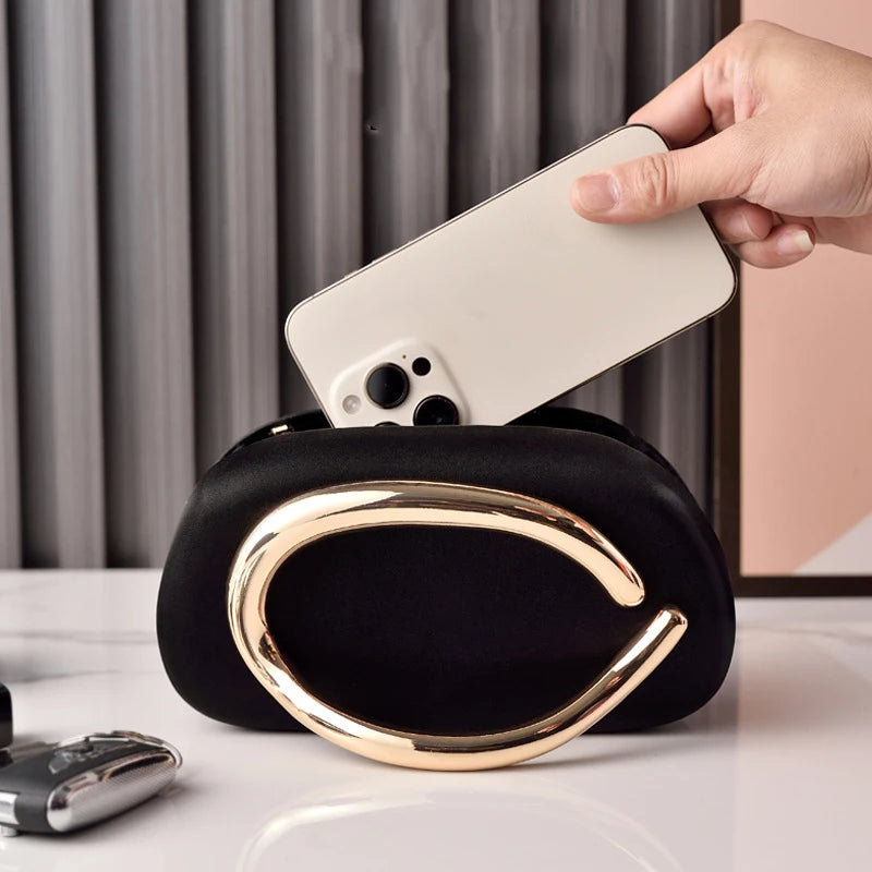 Luxury Metal Ring Handle Evening Clutch – Designer PU Leather Mini Crossbody & Chain Shoulder Bag