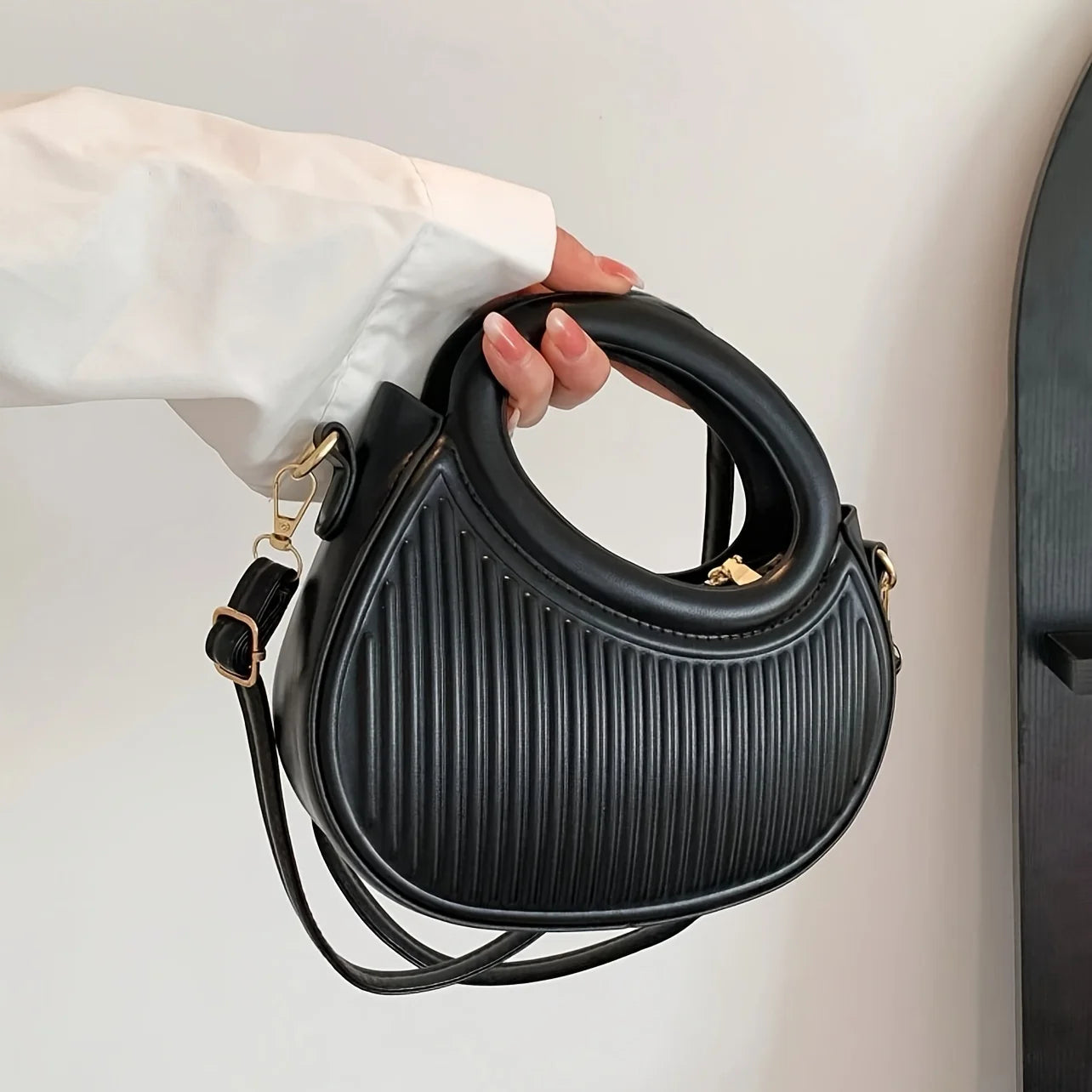 Modern Round Handle Pleated Mini Hand Bag & Top-Handle Handbag
