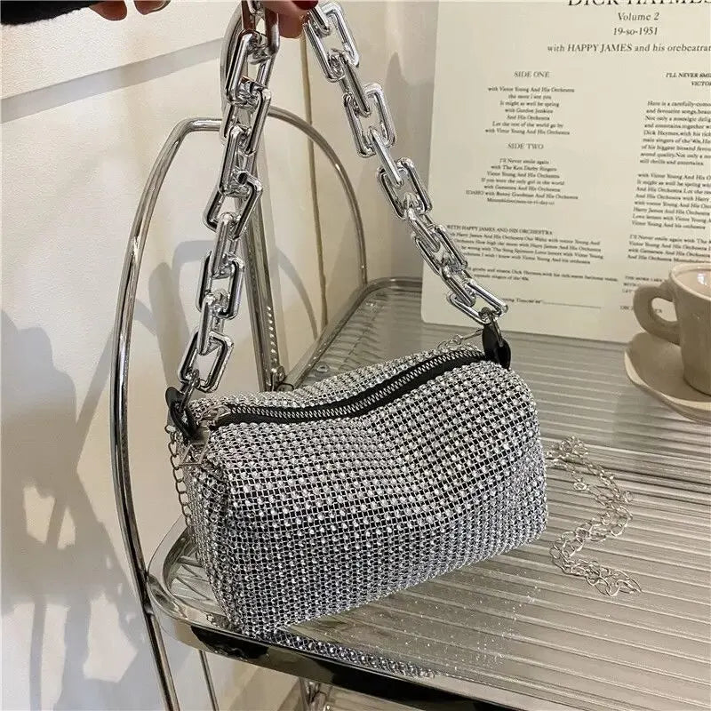 Glamorous Silver Rhinestone Evening Bag | Thick Chain Link Sparkly Crossbody Clutch