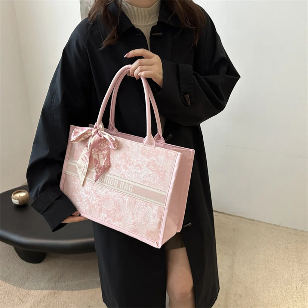 Luxury Designer-Style Large Capacity Tote Bag with Silk Ribbon Accent