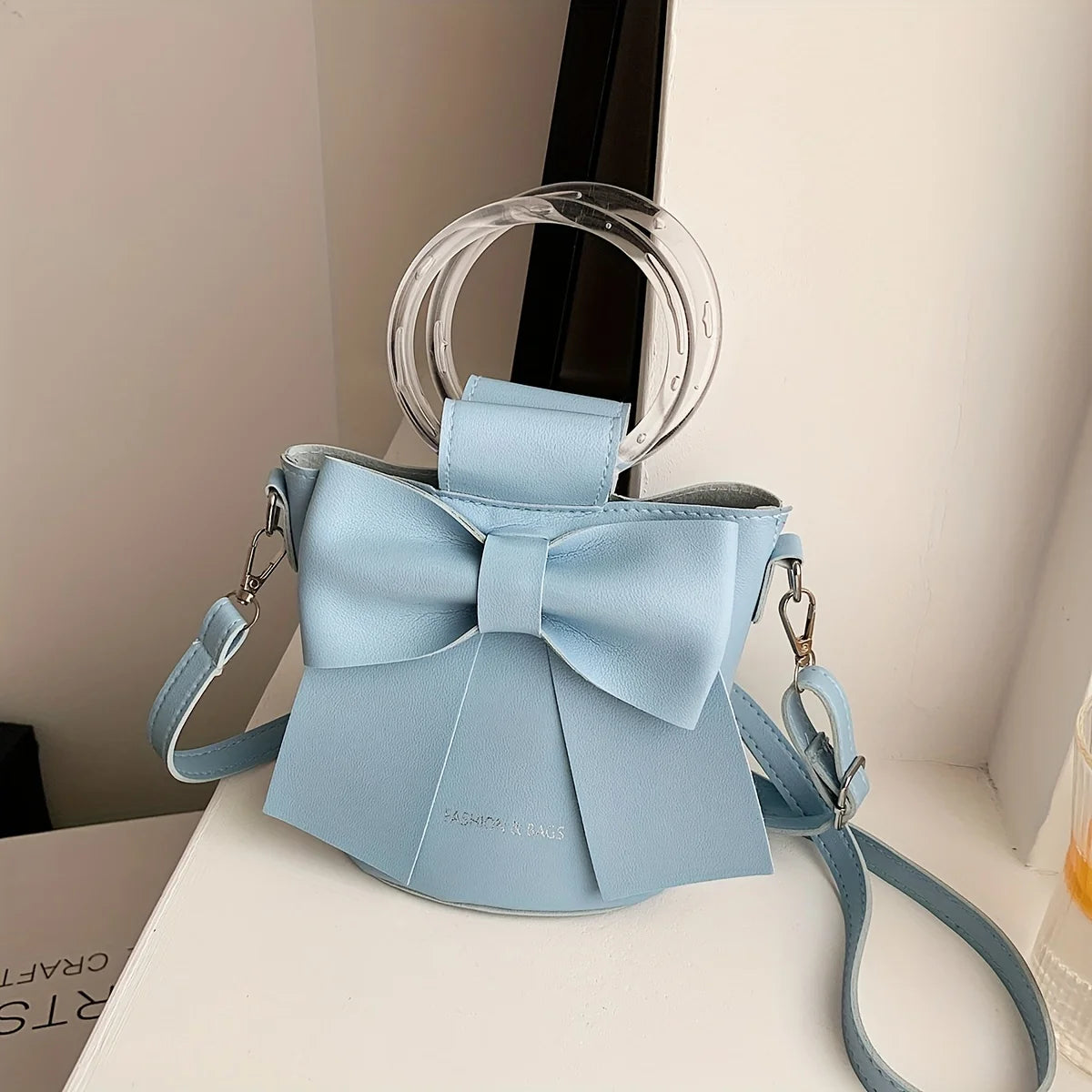 Chic Black Bow Bucket Bag with Clear Ring Handle | Coquette Aesthetic Purse