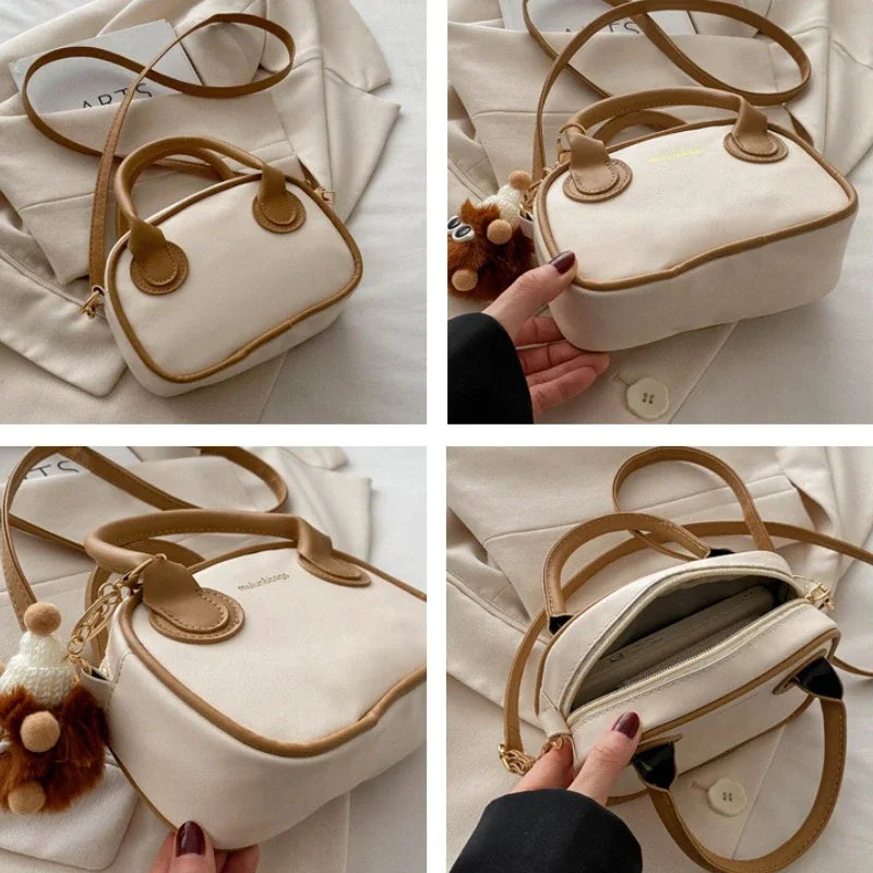 Casual Two-Tone Mini Barrel Crossbody Bag with Fluffy Pendant