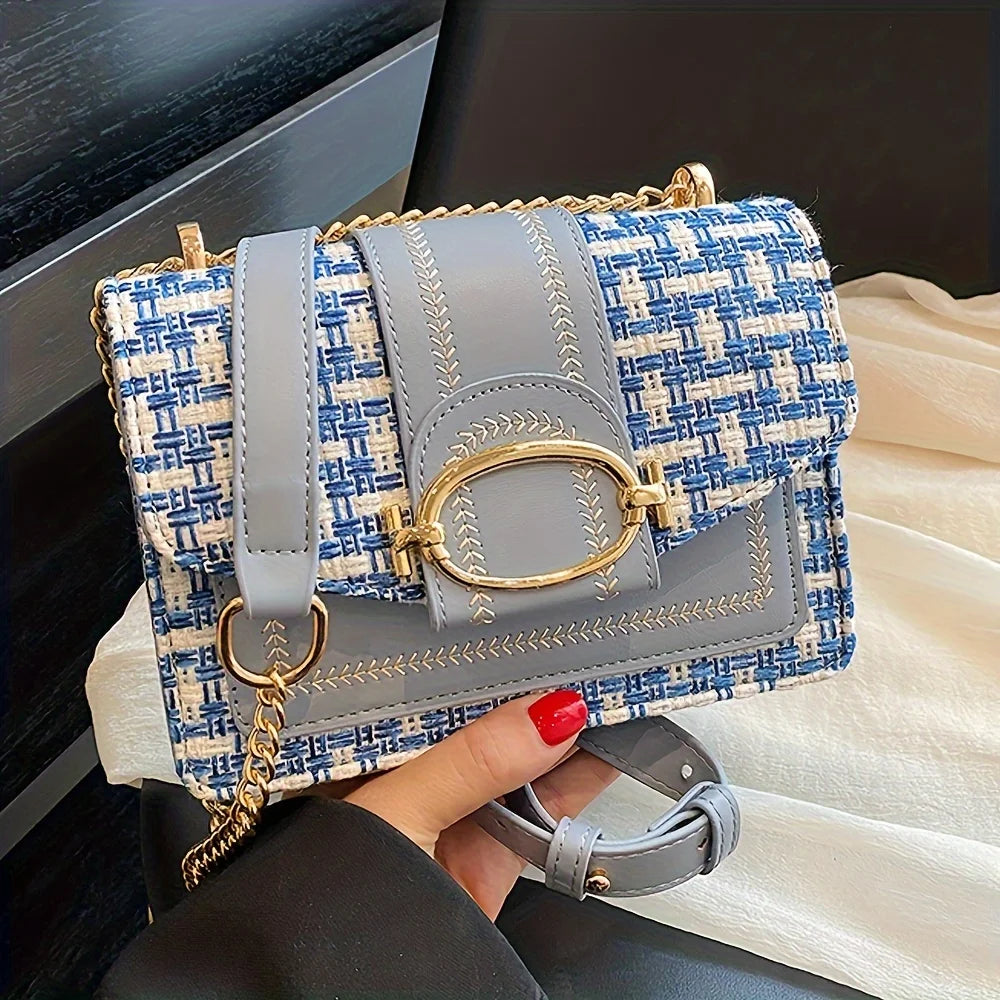 Chic Tweed & PU Leather Flap Crossbody Bag with Gold-Tone Hardware