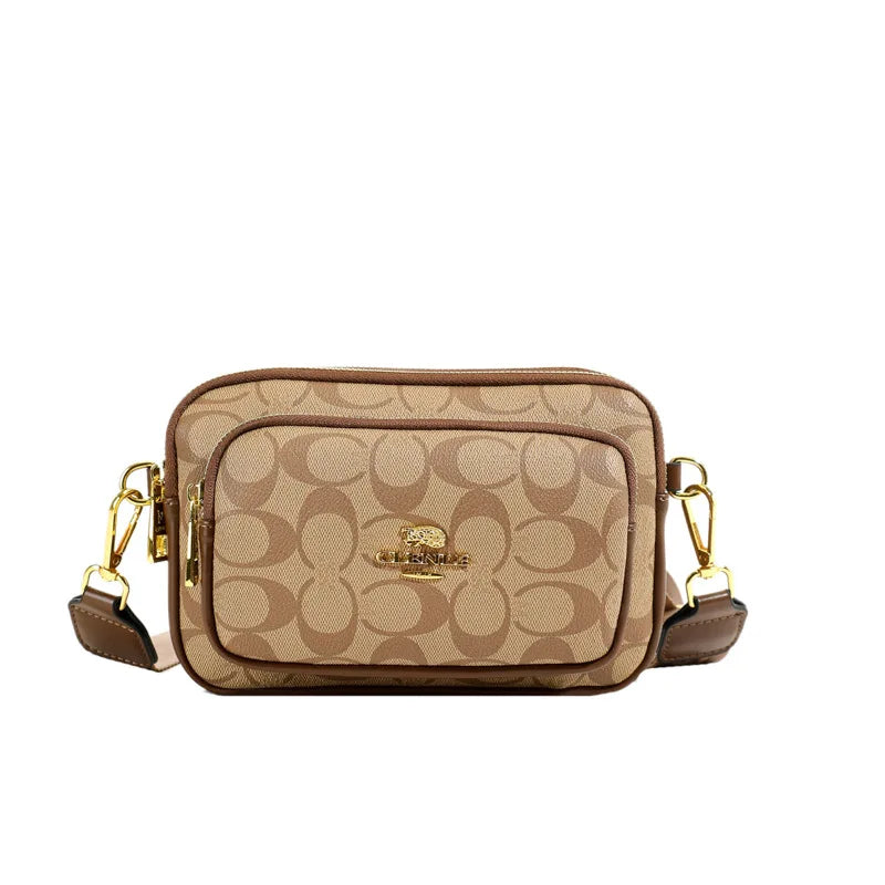 Classic Monogram Pattern Multi-Pocket Crossbody Bag for Women | Chic Wide Strap Shoulder Camera Purse