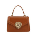 Aura Bags Elegant Brown Flap Handbag with Pearl-Accented Heart Clasp and Chain Strap