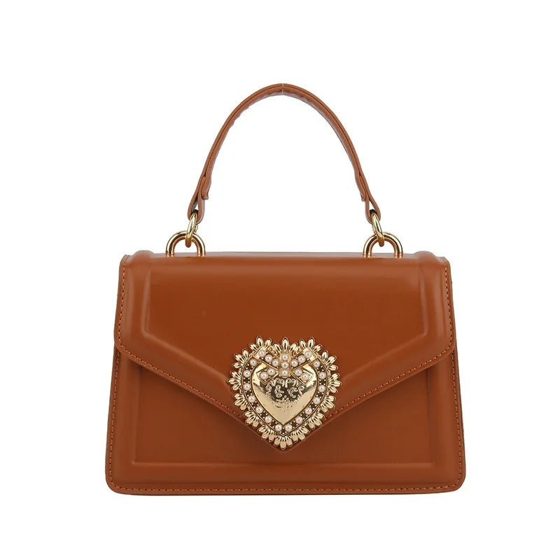 Aura Bags Elegant Brown Flap Handbag with Pearl-Accented Heart Clasp and Chain Strap