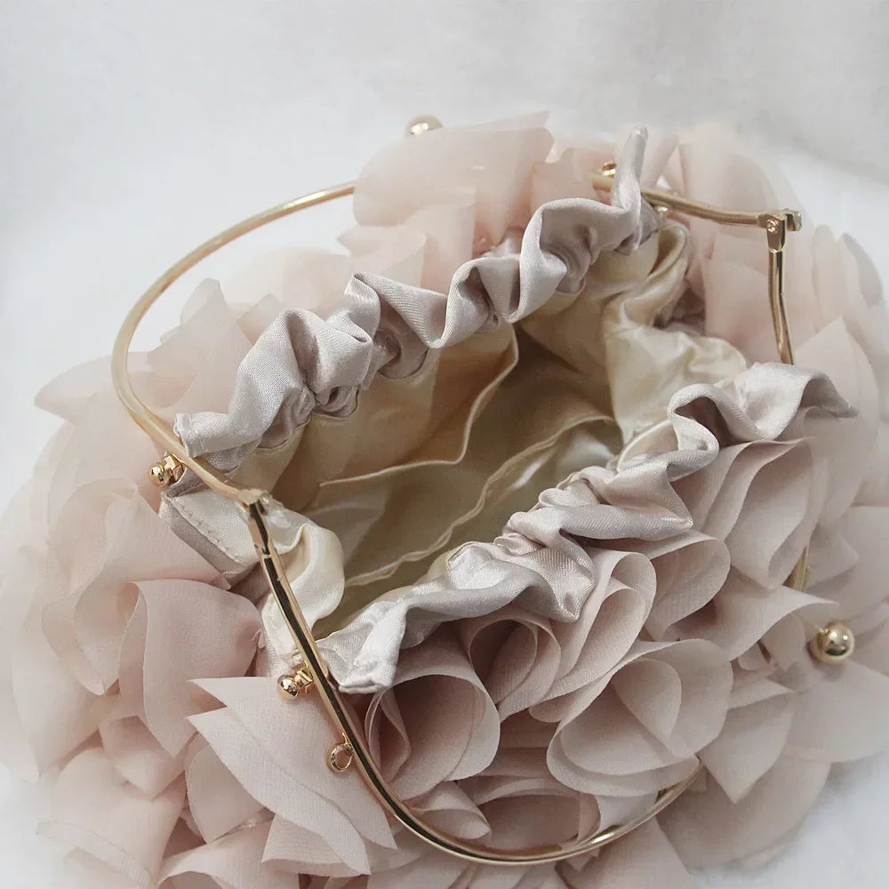 Elegant Floral Ruffle Organza Clutch & Handbag with Gold Metal Kiss-Lock Handle
