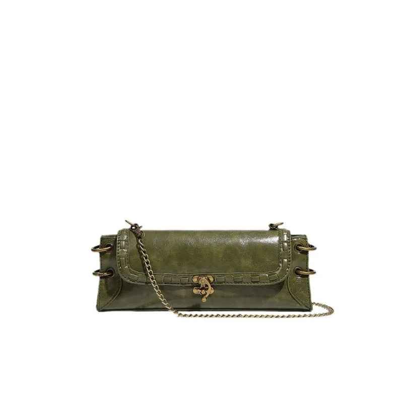 Vintage Olive Green Baguette Shoulder Bag with Brass Chain & Lock