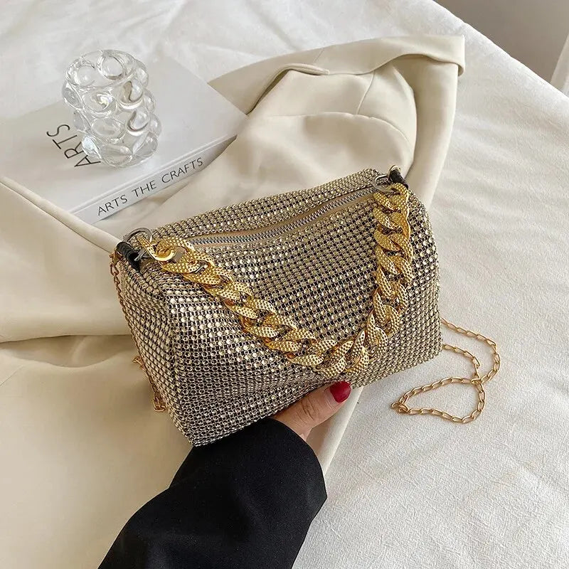 Glamorous Silver Rhinestone Evening Bag | Thick Chain Link Sparkly Crossbody Clutch