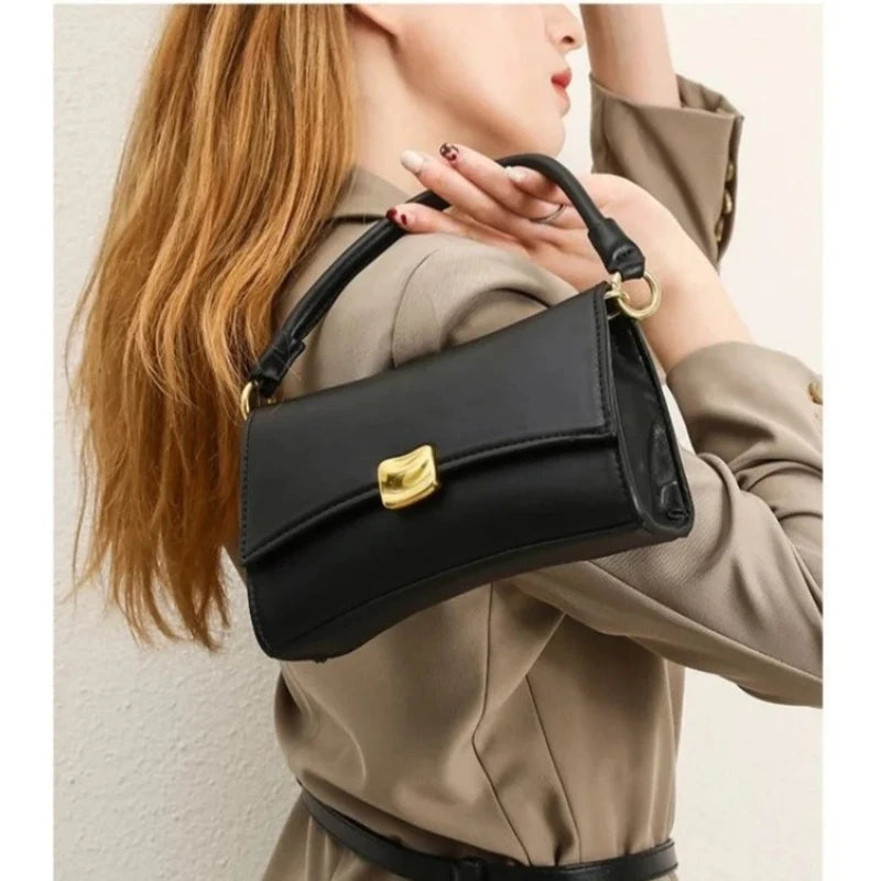 Chic Black PU Leather Shoulder Bag for Women | Elegant Underarm Bag with Gold Hardware & Lock Buckle