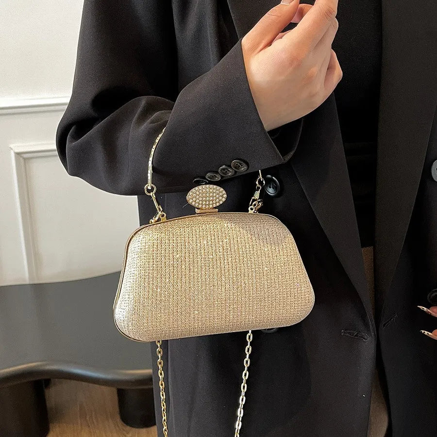 Glamorous Glitter Rhinestone Clasp Evening Clutch & Party Handbag with Metal Handle