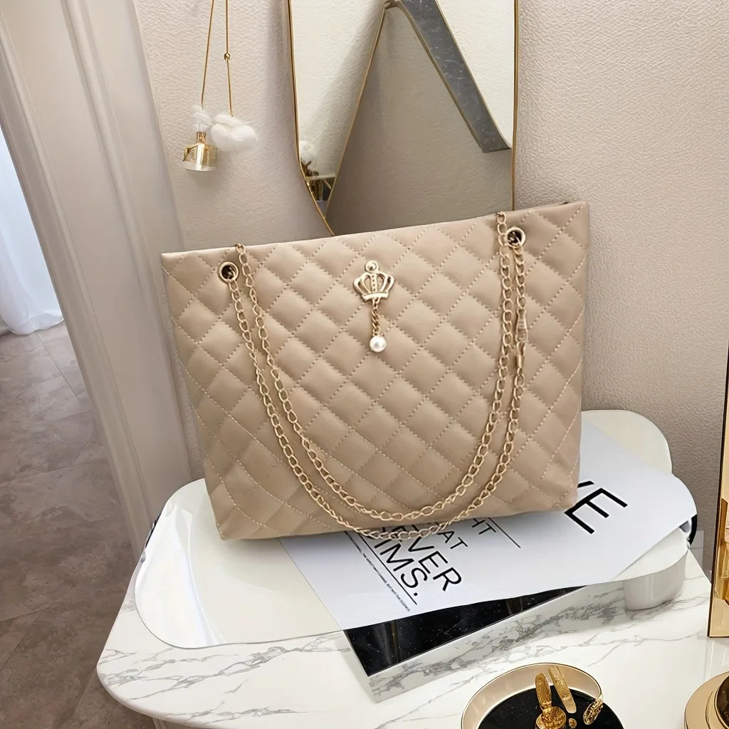 Royal Crown Quilted Chain Tote Bag