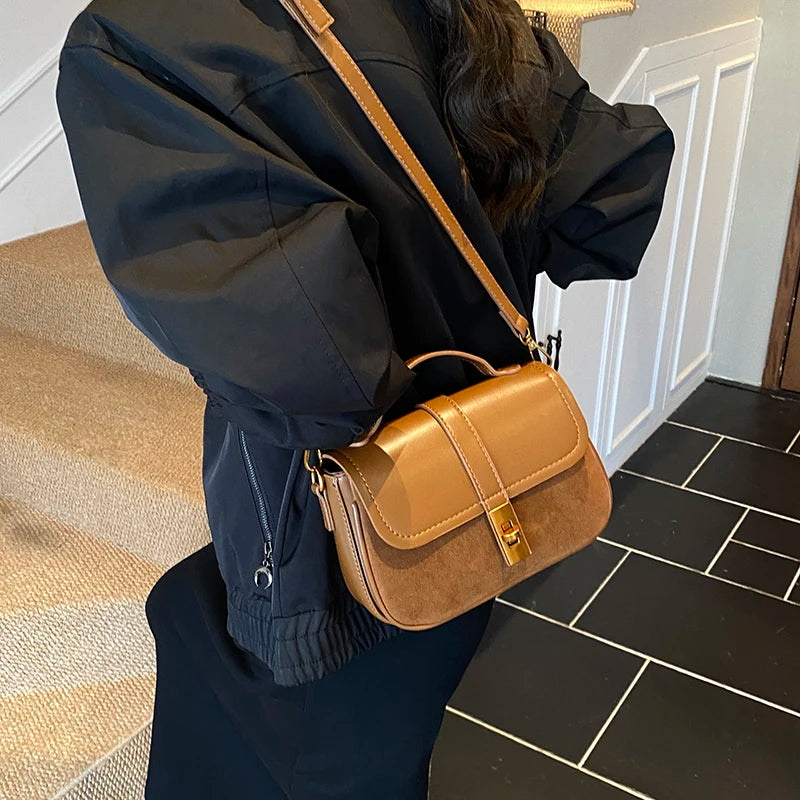 Aura Vintage Metallic Lock Crossbody Bag | Chic Suede & Leather Shoulder Bag