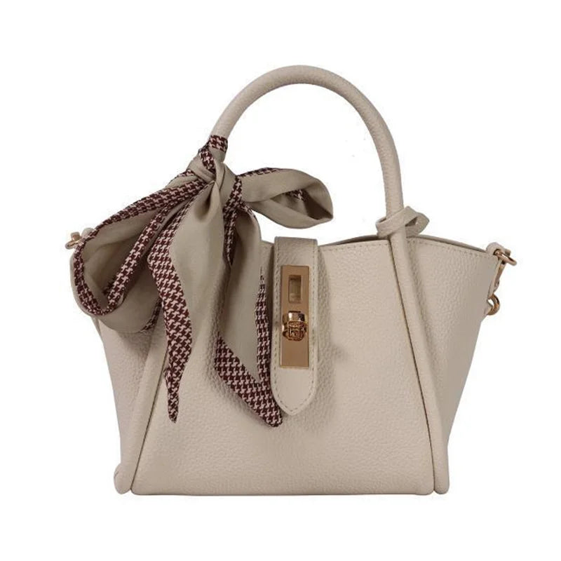 Elegant White Pebbled Leather Handbag with Scarf – Chic Top Handle & Crossbody Tote