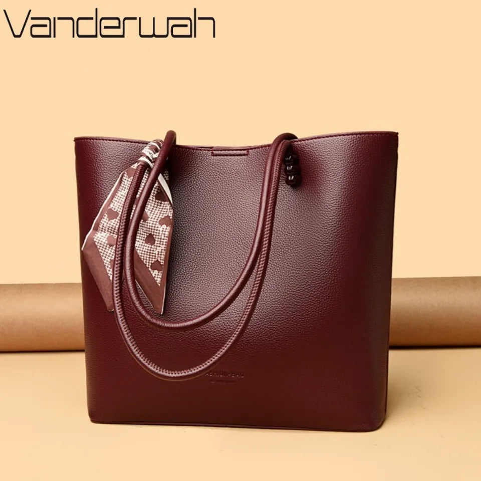 Chic Burgundy Leather Shopping Tote with Scarf Bow