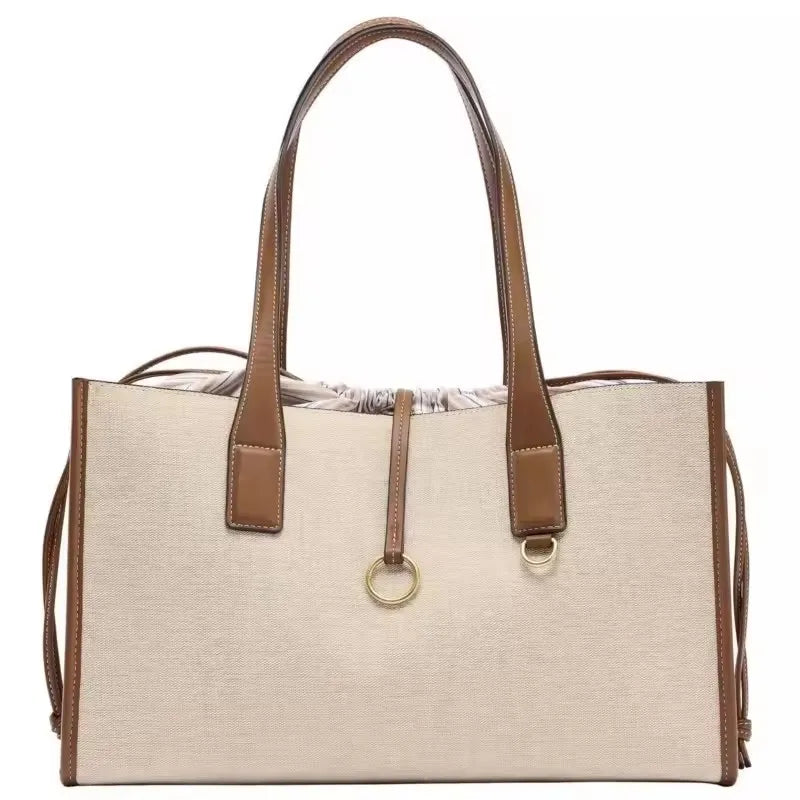 Chic Canvas Tote Bag with Brown PU Leather Trim & Drawstring Closure