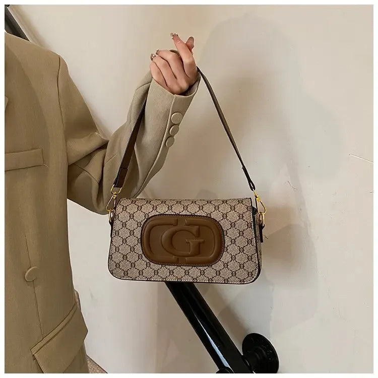 Trendy Vintage Print Shoulder Bag with Wide Strap - Women's Designer Style Satchel