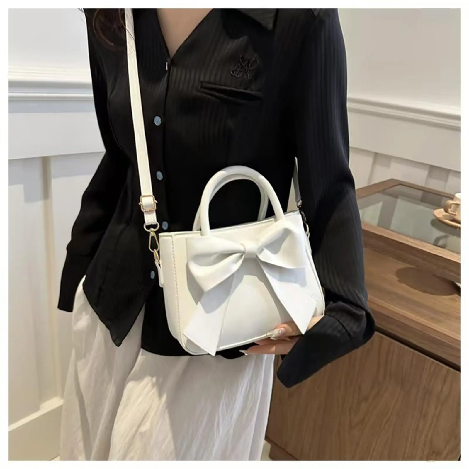 Chic Bow-Accent PU Leather Top-Handle Crossbody Bag | Cute Aesthetic Shoulder Bag