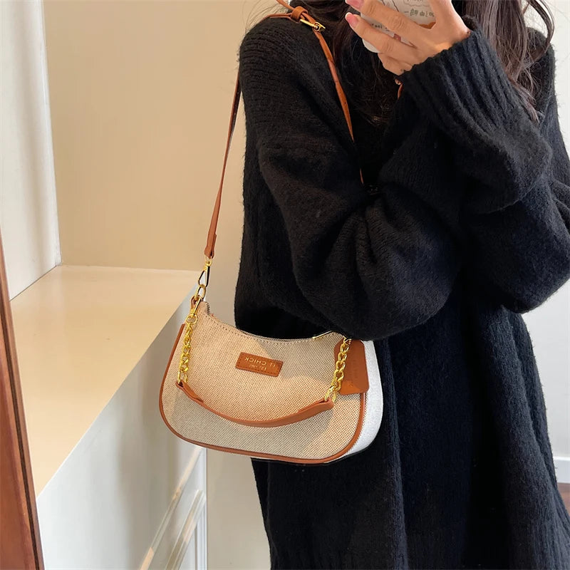 Chic Textured Canvas & Leatherette Shoulder Bag with Gold Chain Strap