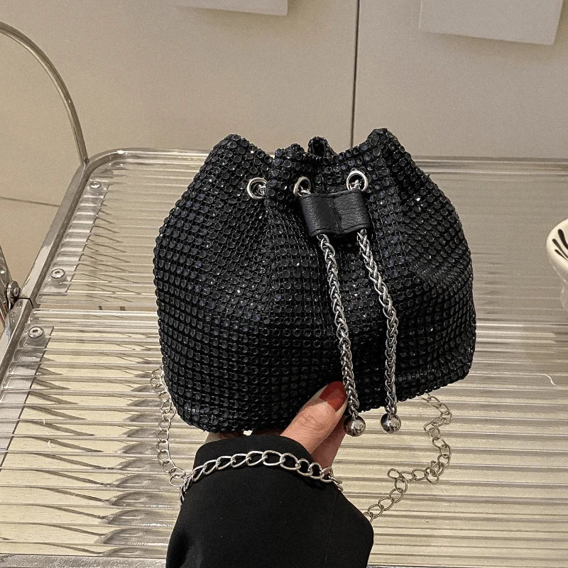 Elegant Crystal Rhinestone Crossbody Evening Bag – Metallic Drawstring Bucket Purse with Gold Chain