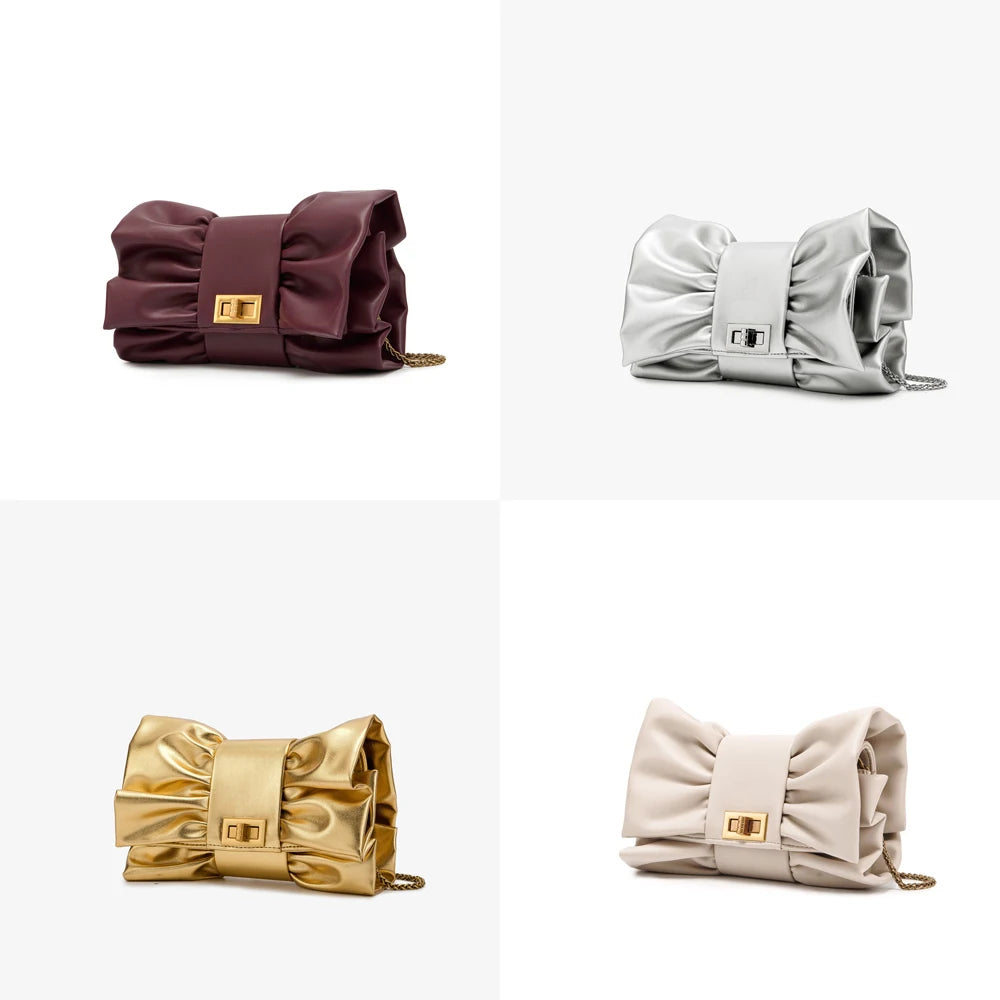 Luxurious Designer-Inspired Pleated Bow PU Leather Evening Clutch and Crossbody Bag Featuring Metallic Twist-Lock Closure and Chain Strap for Women