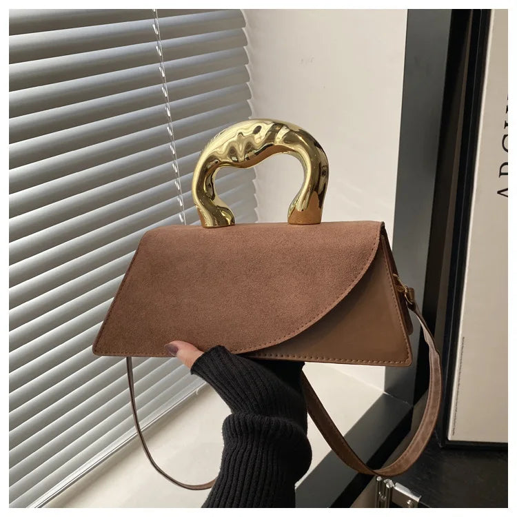 Chic Suede Mini Top Handle & Crossbody Bag with Gold Accent