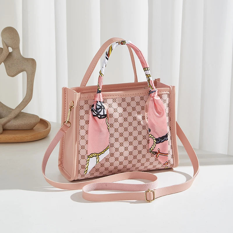 Classic Geometric Print Satchel Handbag with Crossbody Strap and Twilly Scarf