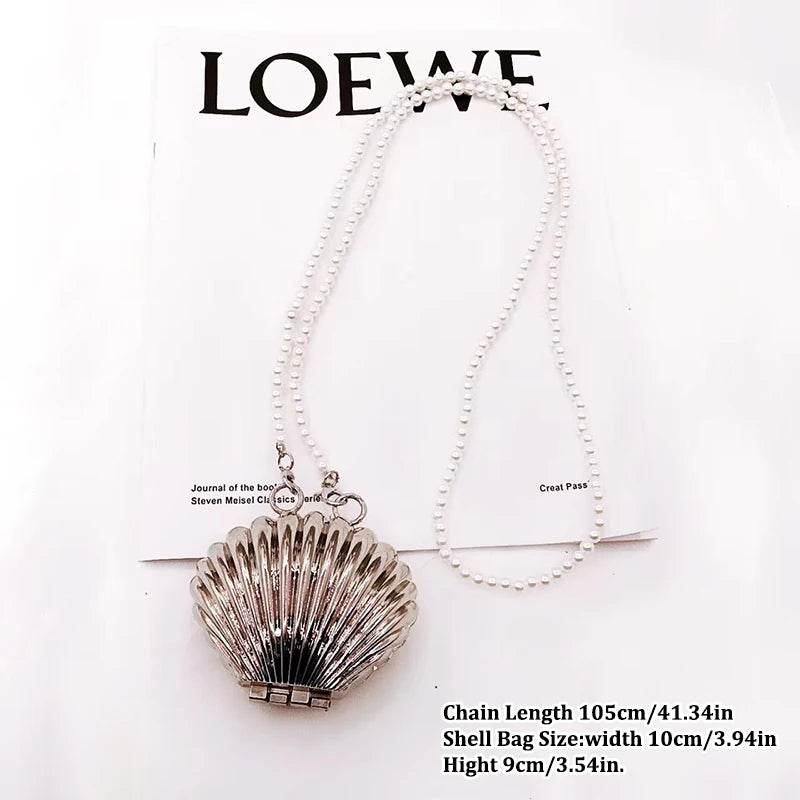 Luxury Golden & Silver Shell Minaudière Bag with Pearl Strap