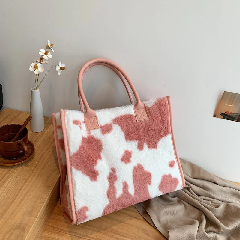 Chic Cow Print Plush Tote Bag with PU Leather Trim