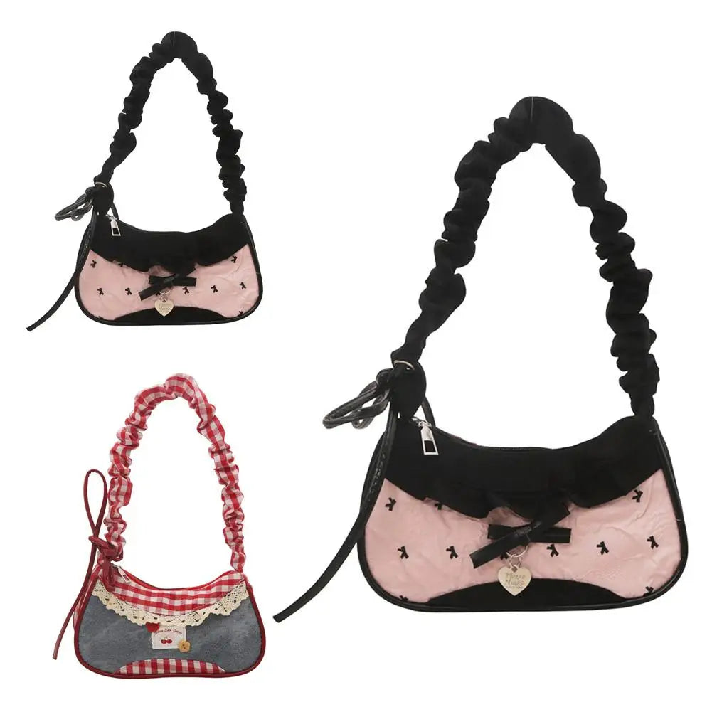 Aura Bags Red Gingham & Denim Patchwork Cute Aesthetic Shoulder Bag