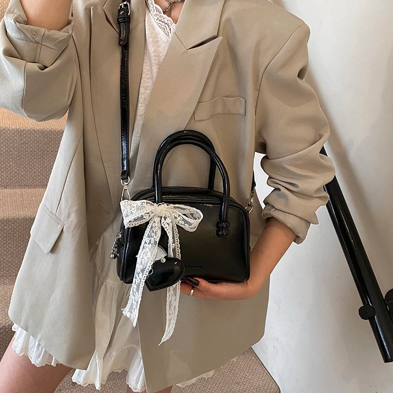 Aesthetic PU Leather Boston Bag / Crossbody Bag with Lace Bow & Heart Pendant