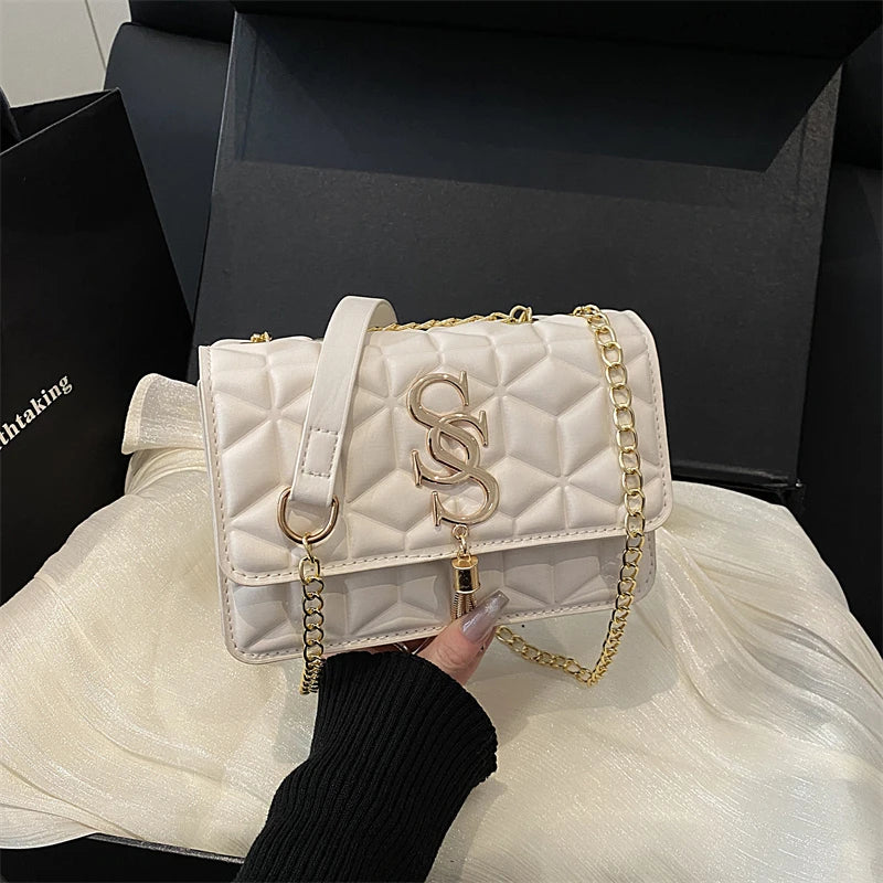 Luxury Quilted Geometric Flap Shoulder Bag with Gold Letter Monogram & Chain Strap